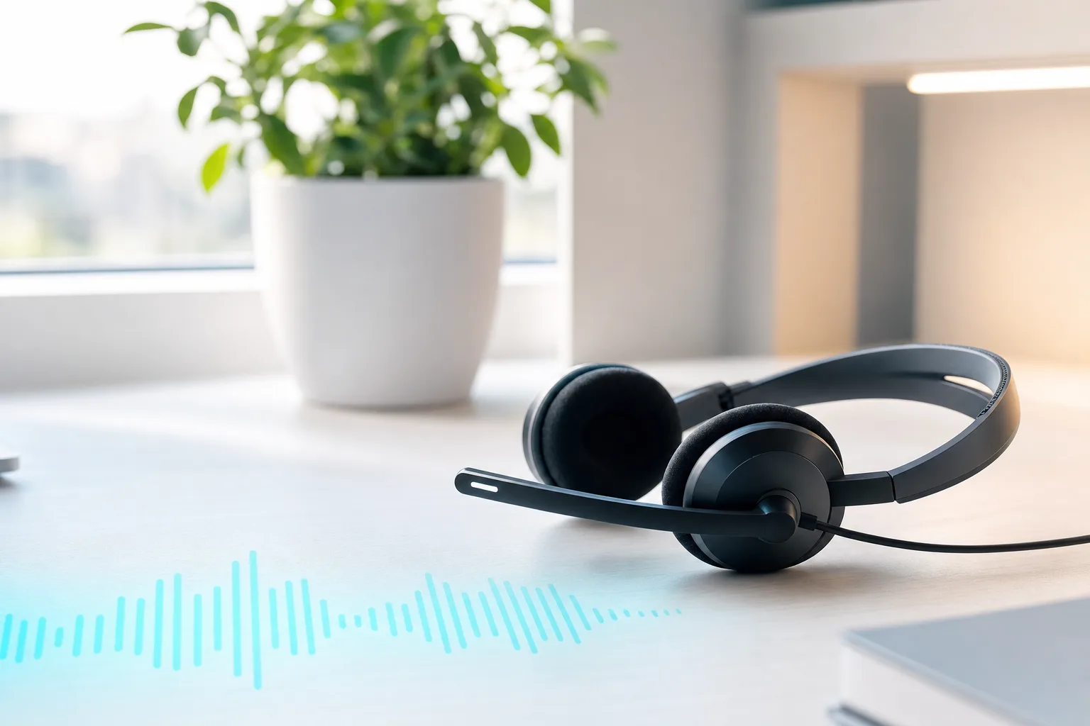 A headset on a bright admissions station, a call live